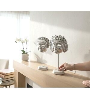 Vintage Silver Face Mask Sculptures, Art Deco Marble Base Busts, 80s Retro Decor